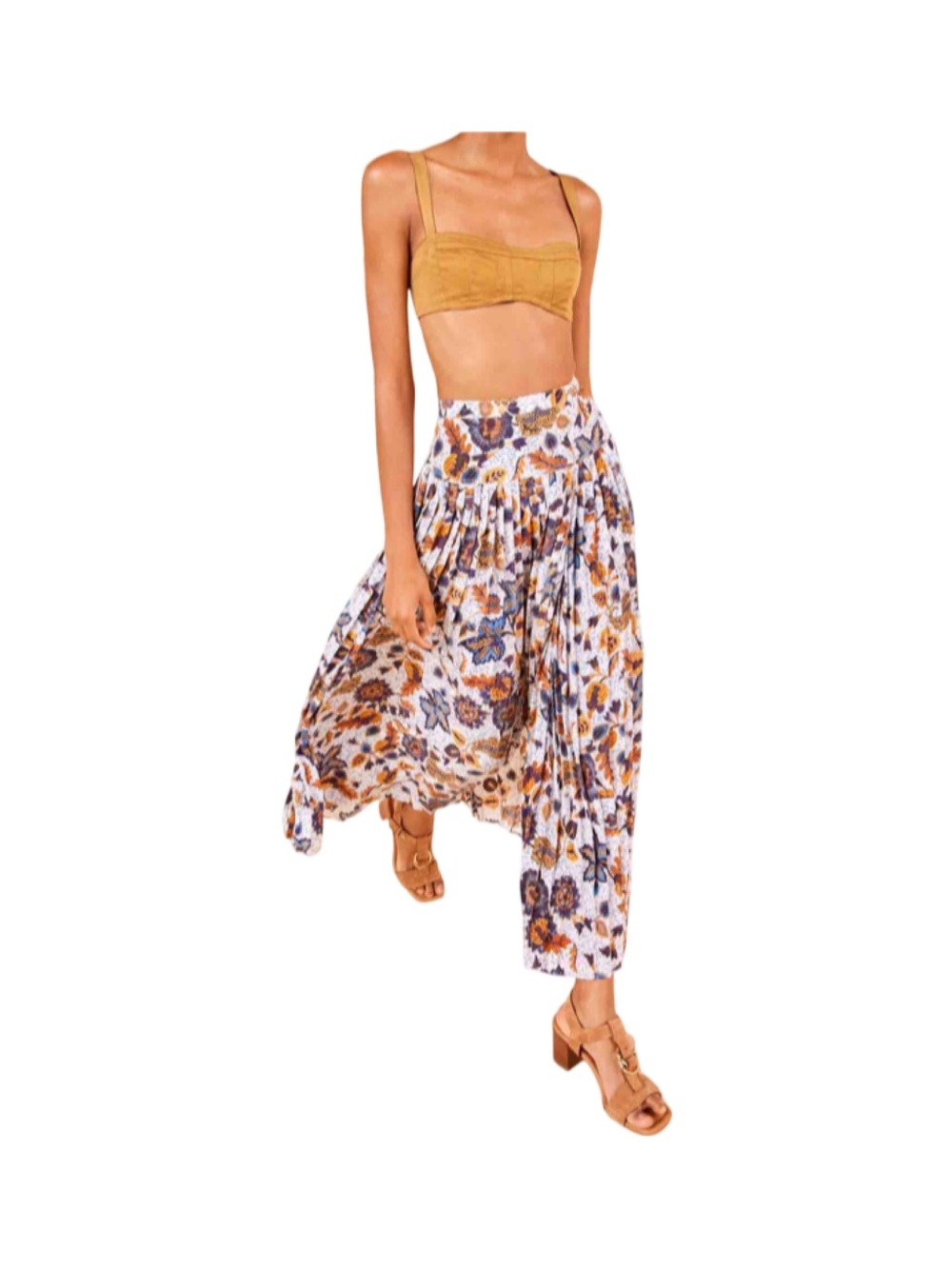 Ulla Johnson White Midi Skirt with Blue and Tan Floral Print